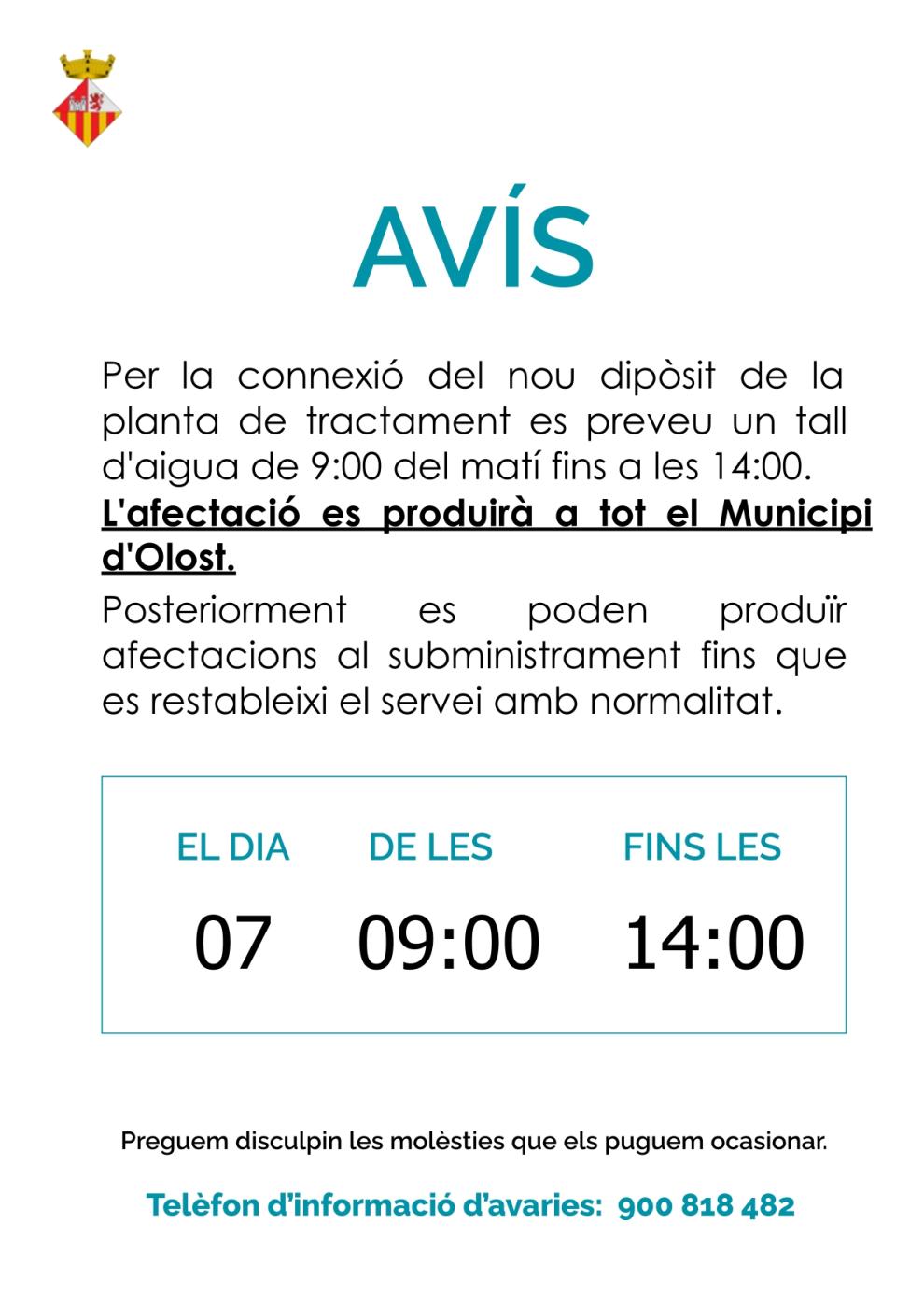 Avís tall de subministrament d'aigua